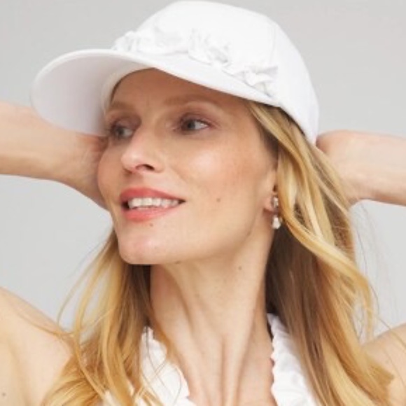Chico's Neema UPF Ruffle Baseball  White Cap - Picture 2 of 4